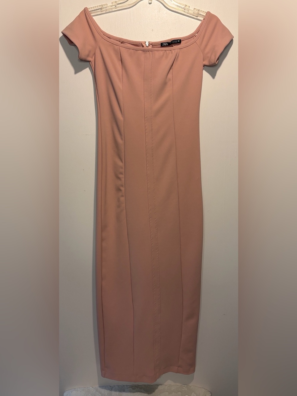 Zara Peach Light Pink Cap Sleeve Maxi Dress Back Slit Front Seams Size M